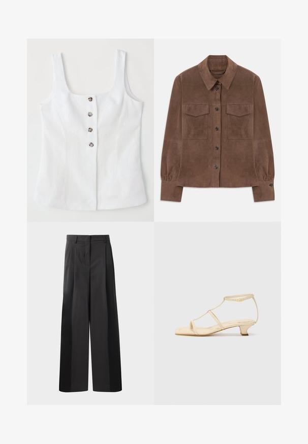 Barna velúr hosszú ujjú ing gombos elülső részel, hegyes gallérral, két mellzsebbel és gombos mandzsettával.; Fehér vászon felső négyzet alakú nyakkivágással, öt fém gombbal elöl, széles vállpántokkal. Sima textúra és testhezálló szabás.; Fekete, bő szárú nadrág magas derékkal, elöl plissékkel, sima felülettel és igényes kidolgozással. Kényelmes viseletre tervezve.; Beige színű sarkú szandál T-pántos dizájnnal, négyzet alakú orral, állítható bokapánttal és alacsony, tömbsarkú kivitelezéssel. Simává dolgozott bőr anyag.