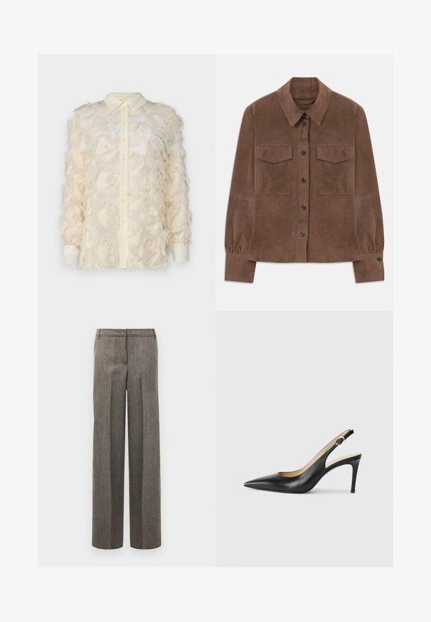Braunes Wildlederhemd mit langen Ärmeln, Knopfleiste, spitzem Kragen, zwei Brustklapptaschen und geknöpften Manschetten.; Marella DOUGLAS - Bluse - vaniglia; Grau gemusterte Hose mit taillierter Passform, weitem Bein und glatter Textur, mit flachem Vorderteil und Gürtelschlaufen.; Schwarze Leder-Slingback-High-Heels mit spitzem Zehenbereich, verstellbarem Riemen und schlankem Stiletto-Absatz, ausgestattet mit einer glatten Oberfläche.