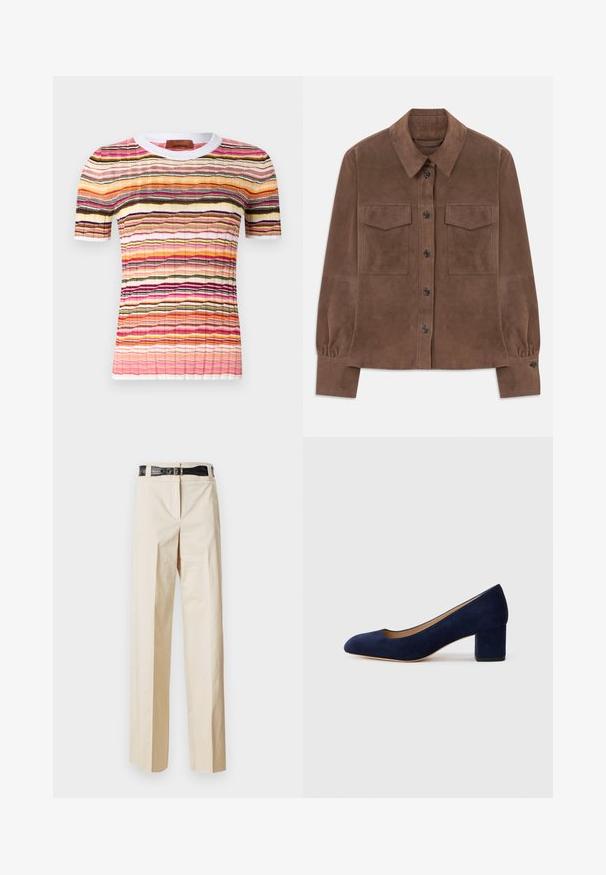 Ruda suede ilgo rankovės marškiniai su sagų užsegimu priekyje, smailiu apykakle, dviem krūtininiais kišenėmis su uždengimu ir su sagutėmis užsegamomis rankovėmis.; Daugiaspalvė trumpo rankovio megztinė su banguotais dryžiais rožinės, oranžinės, juodos ir geltonos spalvų. turi baltą ribotuvas apykaklę.; Smėlio spalvos platesni kelniai su lygaus paviršiaus tekstūra ir juoda diržu su krokodilo raštu juosmens srityje. Paprastas dizainas be papildomų puošmenų.; Tamsiai mėlynos zomšos bateliai su smailiu nykščiu ir vidutinio aukščio blokiniu kulnu. Lygi tekstūra su subtiliu blizgesiu ir mažas įpjovimas priekyje.