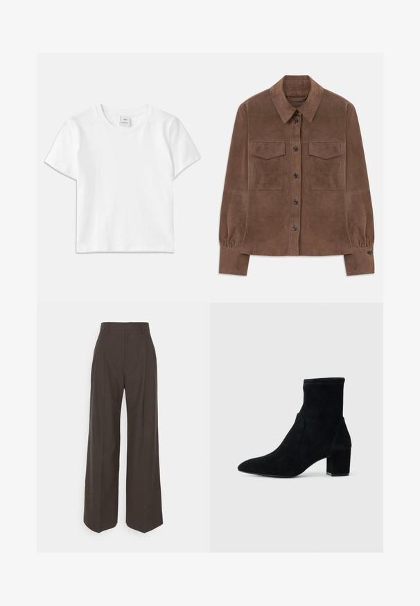 Camisa de camurça castanha de mangas longas com frente abotoada, colarinho pontiagudo, dois bolsos com aba no peito e punhos abotoados.; T-shirt branca de algodão com gola redonda, mangas curtas e barra reta. Etiqueta com a marca "Won Hundred" no centro da gola.; Calças largas castanhas escuras com cintura alta, apresentando pregas bem vincadas, textura suave e um corte ajustado.; Bota ankle de camurça preta com bico fino, salto bloco de altura média e cano elástico. Textura suave sem hardware ou detalhes visíveis.