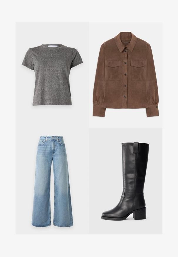 Ruda suede ilgo rankovės marškiniai su sagų užsegimu priekyje, smailiu apykakle, dviem krūtininiais kišenėmis su uždengimu ir su sagutėmis užsegamomis rankovėmis.; Mother LIL GOODIE GOODIE TEE - Paprasti marškinėliai - grey; Šviesiai mėlynos džinsinės plačios kojos kelnės su aukštu liemeniu, turinčios keturis kišenes, mygtukų užsegimą ir subtilų išblukimą audinyje.; Juodos odinės iki kelių siekiančios botai su lygiu paviršiumi, kvadratiniu pirštu, storu kulnu ir šoniniu kilputė, su minimaliais siuvimo akcentais.