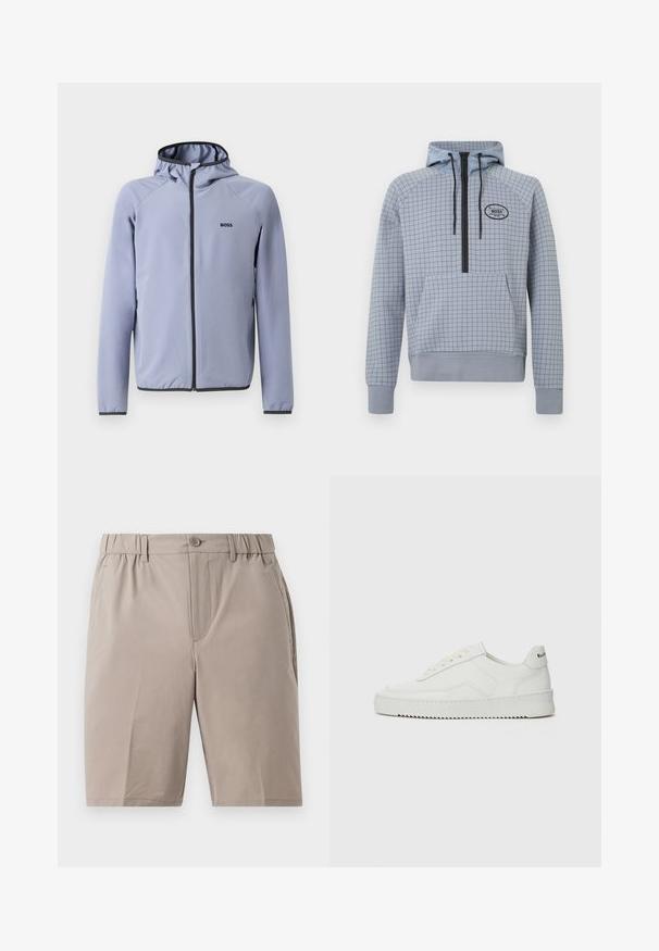 Vaaleansininen vetoketjullinen takki, jossa on huppu, valmistettu sileästä kankaasta. Takissa on mustia yksityiskohtia vetoketjun ja helman varrella, sekä logo rinnassa.; Vaaleansininen huppari, jossa on ruudullinen kuvio, puolivetoketju, säädettävät nauhat ja etutasku. Musta logo-aksentti.; Vaaleanbeige lyhyet housut, jotka on valmistettu kevyestä kankaasta. Varustettu joustavalla vyötärönauhalla, nappisulkimella ja sivutaskuilla. Sujuva rakenne, polvenmittainen leikkaus.; Valkoinen nahkakenkä, jossa on sileä pinta, pyöreä kärki, tasaiset nauhat ja teksturoitu pohja. Sisältää huomaamattoman logon kantapäässä.