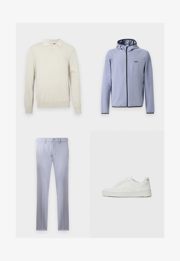 Jachetă cu fermoar de culoare albastru deschis, cu glugă, fabricată dintr-un material neted. Prezintă accente negre de-a lungul fermoarului și a tivului, cu un logo pe piept.; Tricou polo crem cu mânecă lungă dintr-un material tricotat moale. Prezintă un guler clasic, două butoane și manșete și tiv ribelate. Logo discret pe piept.; Pantaloni tailored de culoare gri deschis, confecționați dintr-un material neted, având sistem de închidere cu buton, curea la talie și un design drept. Nu sunt vizibile buzunare.; Sneakers din piele albă cu un finisaj neted, vârf rotund, șireturi plate și o talpă texturată. Prezintă un logo subtil pe călcâi.