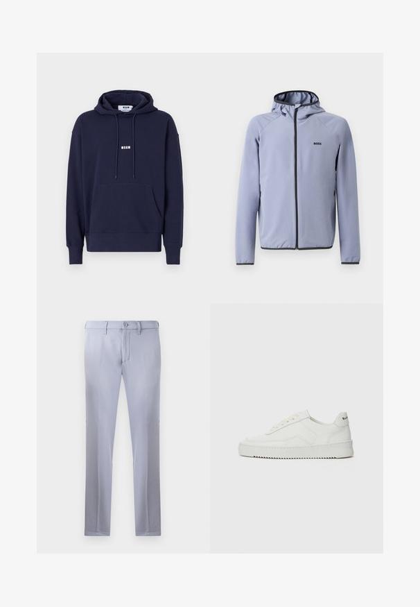 Világoskék, kapucnis, cipzáras dzseki sima anyagból. Fekete díszítéssel a cipzárnál és a szegélynél, mivel a mellekén logó található.; Tengerészkék kapucnis pulóver elülső zsebbel, húzózsinórral ellátott kapucnival, és fehér "MSGM" logóval a mellen. Puha anyag, bordás mandzsettákkal és szegéllyel.; Világosszürke, sima anyagból készült, szabott nadrág, gombos záródással, övhunokkal és egyenes szárú kialakítással. Zsebek nem láthatók.; Fehér bőr sportcipő sima felülettel, kerek orral, lapos fűzőkkel és texturált talppal. Finom logó található a sarokon.