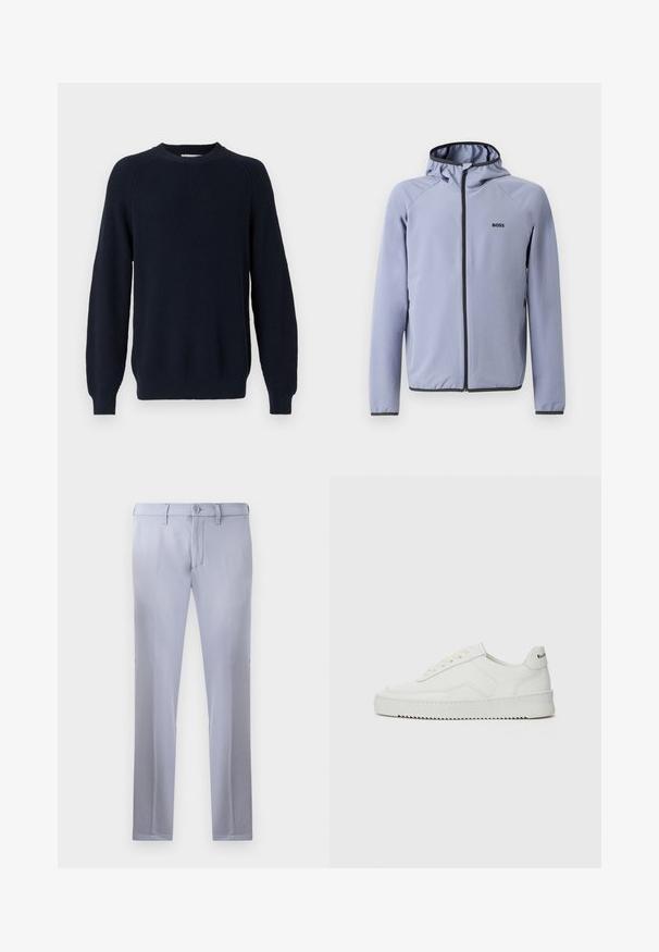 Lichtblauwe zip-up jack met capuchon, gemaakt van een gladde stof. Bevat zwarte accenten langs de rits en onderrand, met een logo op de borst.; Marineblauwe gebreide trui met een textuurdesign, ronde halslijn en lange mouwen, voorzien van geribde manchetten en zoom.; Lichtgrijze op maat gemaakte broeken van gladde stof, met een knoopsluiting, riemlussen en een rechte pijp. Geen zichtbare zakken.; Witte leren sneaker met een gladde afwerking, ronde neus, platte veters en een gestructureerde zool. Kenmerkt zich door een subtiel logo op de hiel.