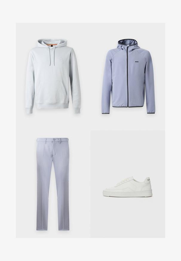 Svetlomodrá zipsová bunda s kapucňou, vyrobená z hladkej tkaniny. Obsahuje čierne akcenty pozdĺž zipsu a lemu, s logom na hrudi.; Svetlosivá mikina vyrobená z mäkkej tkaniny. Má predné klokanie vrecko, kapucňu so šnúrkou a malú nášivku loga na hrudi.; Svetlošedé nohavice na mieru vyrobené z hladkej tkaniny, so zapínaním na gombík, pútkami na opasok a strihom s rovnými nohavicami. Žiadne viditeľné vrecká.; Biele kožené tenisky s hladkým povrchom, okrúly špičkový dizajn, ploché šnúrky a textúrovaná podrážka. Obsahujú jemné logo na päte.