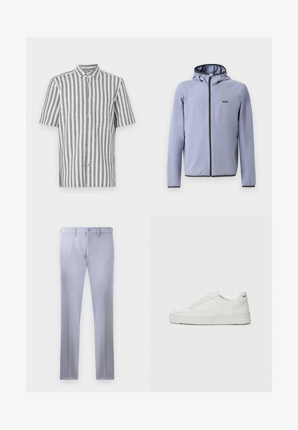 Vaaleansininen vetoketjullinen takki, jossa on huppu, valmistettu sileästä kankaasta. Takissa on mustia yksityiskohtia vetoketjun ja helman varrella, sekä logo rinnassa.; Lyhythihainen nappipaita, valkoinen, jossa tummansinisiä pystysuoria raitoja. Valmistettu hengittävästä kankaasta, jossa on perinteinen kaulus ja rento istuvuus.; Vaaleanharmaat mittatilaustyönä tehdyt housut, jotka on valmistettu sileästä kankaasta. Niissä on nappikiinnitys, vyölenkit ja suora lahje. Taskuja ei ole näkyvissä.; Valkoinen nahkakenkä, jossa on sileä pinta, pyöreä kärki, tasaiset nauhat ja teksturoitu pohja. Sisältää huomaamattoman logon kantapäässä.