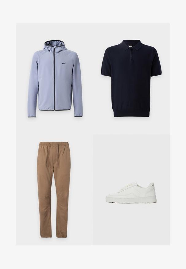 Ljusblå blixtlåströja med huva, gjord av slätt tyg. Har svarta detaljer längs blixtlåset och fållen, med en logotyp på bröstet.; Marinblå polo skjorta i stickad tyg med kort dragkedja i halsen, korta ärmar och en åtsittande nederkant. Har en subtil textur.; Bruna bomullsblandningar med elastisk midja, justerbar dragsko och avsmalnande muddar. Slät textur, inga synliga mönster eller metall detaljer.; Vita lädersneakers med en jämn yta, rund tå, platta snörningar och en strukturerad sula. Har en diskret logotyp på hälen.