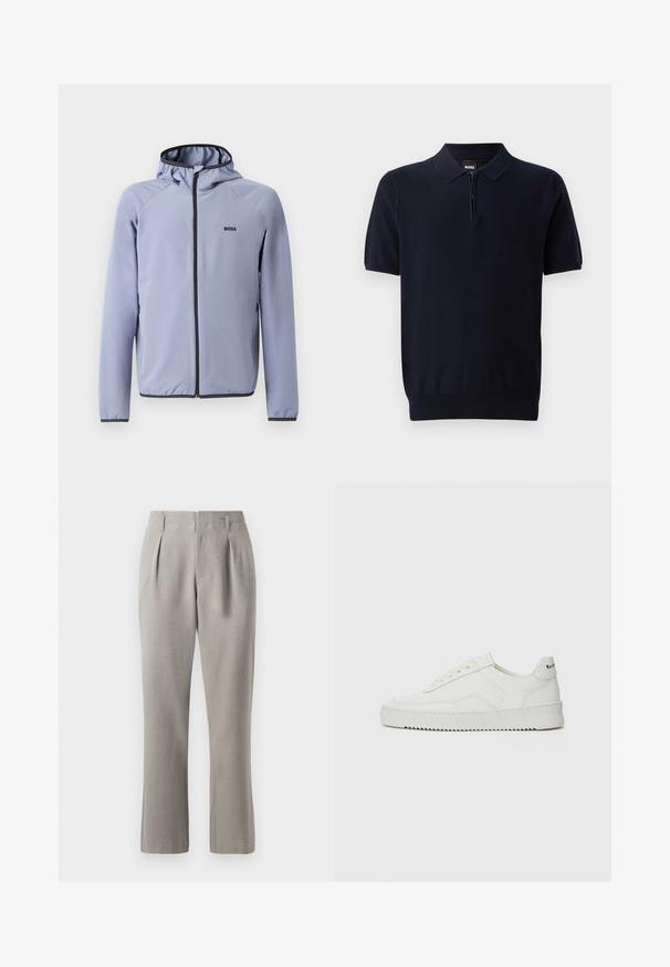 Svijetloplava zip-jakna s kapuljačom, izrađena od glatkog materijala. Ima crne detalje uz patentni zatvarač i rub, s logotipom na prsima.; Polo majica tamnoplave boje od pletenog materijala s kratkim patentnim zatvaračem, kratkim rukavima i uskim rubom. Ima suptilnu teksturu.; Sive odijelo hlače s glatkom teksturom, s prednjim nabranicama, petljama za pojas i ravnim nogavicama. Materijal izgleda čvrsto i lagano.; Bijele kožne tenisice s glatkom površinom, okruglim vrhom, ravnim vezicama i teksturiranom potplatom. Imaju suptilan logo na peti.