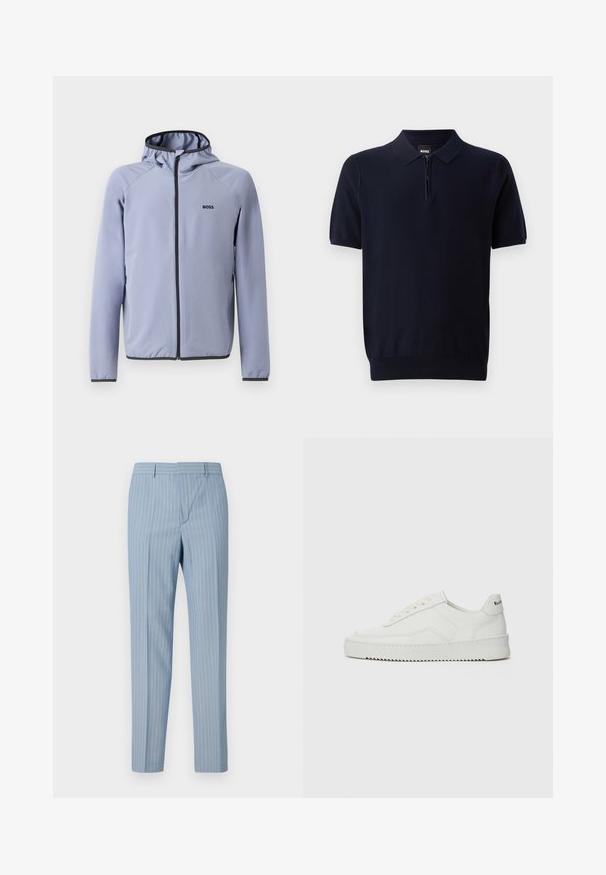 Vaaleansininen vetoketjullinen takki, jossa on huppu, valmistettu sileästä kankaasta. Takissa on mustia yksityiskohtia vetoketjun ja helman varrella, sekä logo rinnassa.; Pimeä sininen poolopaita, joka on valmistettu neuloksesta ja jossa on lyhyt vetoketju kaula-aukolla, lyhyet hihat ja kapea helma. Sisältää hienovaraista tekstuuria.; Vaaleansiniset raidalliset housut, joissa on slim fit -leikkaus ja valkoiset pystyrayat. Valmistettu sileästä kankaasta, jossa on räätälöity muotoilu.; Valkoinen nahkakenkä, jossa on sileä pinta, pyöreä kärki, tasaiset nauhat ja teksturoitu pohja. Sisältää huomaamattoman logon kantapäässä.