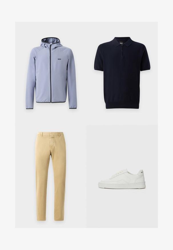 Hellblaues Zip-Jackett mit Kapuze, aus glattem Stoff gefertigt. Es verfügt über schwarze Akzente entlang des Reißverschlusses und des Saums, mit einem Logo auf der Brust.; Marineblaues Poloshirt aus gestricktem Stoff mit kurzem Reißverschluss-Hals, kurzen Ärmeln und einem taillierten Saum. Es hat eine dezente Struktur.; Beige Chinos im Slim-Fit mit glattem Baumwollstoff. Mit Reißverschluss, Gürtelschlaufen und minimalen Nähdetails.; Weiße Ledersneaker mit glatter Oberfläche, runder Zehenpartie, flachen Schnürsenkeln und strukturiertem Sohlenprofil. Mit einem dezenten Logo an der Ferse.