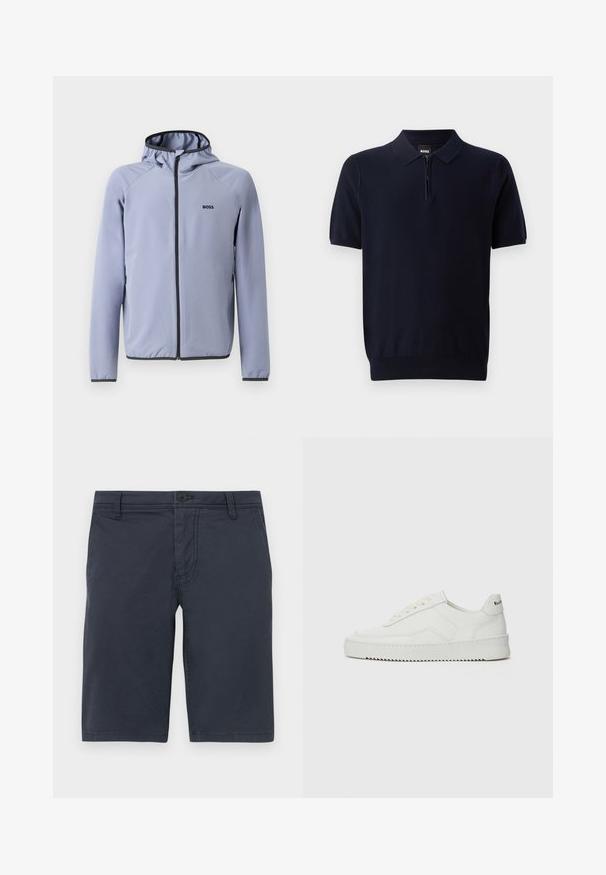 Vaaleansininen vetoketjullinen takki, jossa on huppu, valmistettu sileästä kankaasta. Takissa on mustia yksityiskohtia vetoketjun ja helman varrella, sekä logo rinnassa.; Pimeä sininen poolopaita, joka on valmistettu neuloksesta ja jossa on lyhyt vetoketju kaula-aukolla, lyhyet hihat ja kapea helma. Sisältää hienovaraista tekstuuria.; Tummansiniset shortsit, jotka on valmistettu tekstuurikankaasta. Niissä on edessä nappisulku, vyölenkit ja tavalliset sivutaskut.; Valkoinen nahkakenkä, jossa on sileä pinta, pyöreä kärki, tasaiset nauhat ja teksturoitu pohja. Sisältää huomaamattoman logon kantapäässä.