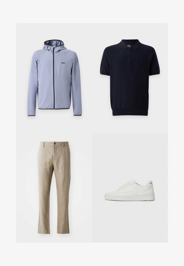 Svetlomodrá zipsová bunda s kapucňou, vyrobená z hladkej tkaniny. Obsahuje čierne akcenty pozdĺž zipsu a lemu, s logom na hrudi.; Tmavomodrá polokošela vyrobená z pleteného materiálu s krátkym zipsovým výstrihom, krátkymi rukávmi a priliehavým lemom. Obsahuje jemnú štruktúru.; Béžové ľanové nohavice so rovnym strihom, s predným zapínaním na gombík a hladkou textúrou. Žiadne viditeľné vzory ani akcenty.; Biele kožené tenisky s hladkým povrchom, okrúly špičkový dizajn, ploché šnúrky a textúrovaná podrážka. Obsahujú jemné logo na päte.