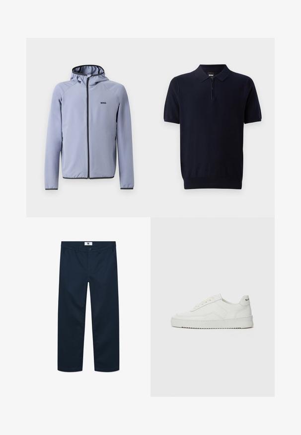Jasnoniebieska kurtka zasuwana na zamek błyskawiczny z kapturem, wykonana z gładkiego materiału. Posiada czarne akcenty wzdłuż zamka i u dołu, z logo na klatce piersiowej.; Granatowa koszulka polo wykonana z dzianiny z krótkim zamkiem na szyi, krótkimi rękawami i dopasowanym dołem. Charakteryzuje się delikatną fakturą.; Granatowe bawełniane chinosy o prostym kroju, z zapięciem na guziki z przodu, dwoma bocznymi kieszeniami i minimalistycznym designem.; Białe skórzane sneakersy o gładkim wykończeniu, okrągłym nosku, płaskich sznurówkach i teksturowanej podeszwie. Charakteryzują się delikatnym logo na pięcie.
