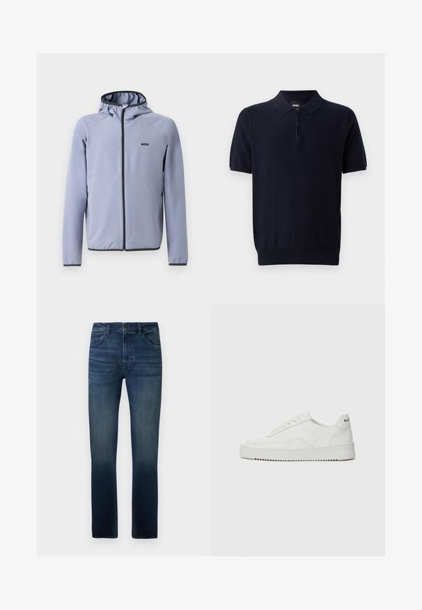 Chaqueta de cremallera azul clara con capucha, hecha de una tela suave. Presenta acentos negros a lo largo de la cremallera y el dobladillo, con un logo en el pecho.; Polo azul marino hecho de tejido de punto con un cuello de cremallera corta, mangas cortas y un dobladillo ajustado. Presenta una textura sutil.; Vaqueros de mezclilla azul con corte recto, que presentan una cintura de media altura, un ligero desgaste y un diseño tradicional de 5 bolsillos.; Zapatilla de cuero blanca con un acabado suave, puntera redonda, cordones planos y suela texturizada. Cuenta con un sutil logo en el talón.