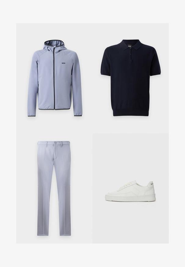 Veste bleu clair zippée avec capuche, fabriquée en tissu lisse. Présente des accents noirs le long de la fermeture éclair et de l'ourlet, avec un logo sur la poitrine.; Polo marine en tissu tricoté avec un col zippé court, des manches courtes et un ourlet ajusté. Présente une texture subtile.; Pantalons tailleur gris clair en tissu lisse, dotés d'une fermeture à bouton, de passants de ceinture et d'une coupe droite. Pas de poches visibles.; Baskets en cuir blanc avec une finition lisse, bout arrondi, lacets plats et semelle texturée. Présente un logo discret sur le talon.