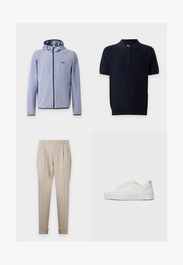 Világoskék, kapucnis, cipzáras dzseki sima anyagból. Fekete díszítéssel a cipzárnál és a szegélynél, mivel a mellekén logó található.; Sötétkék póló, kötött anyagból készült, rövid cipzáros záródással, rövid ujjakkal és testhezálló szegéllyel. Finom textúrával rendelkezik.; Beige redőzött nadrág sima felülettel, elöl gombos záródással és felgöngyölt szegéllyel. Testhezálló fazon és egyenes szárú kialakítás.; Fehér bőr sportcipő sima felülettel, kerek orral, lapos fűzőkkel és texturált talppal. Finom logó található a sarokon.