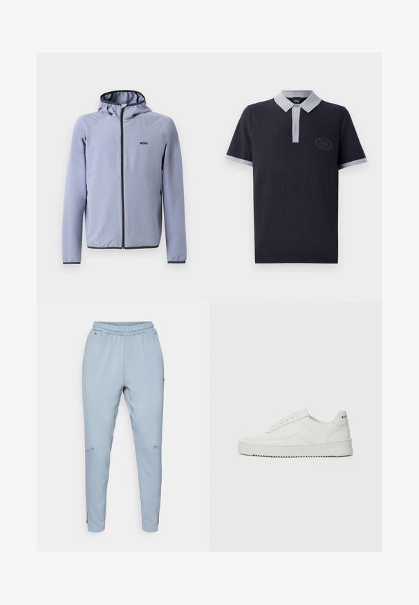 Svetlo modra jakna na zadrgo s kapuco, izdelana iz gladkega materiala. Ima črne detajle ob zadrgi in robu, ter logotip na prsih.; Mornarska polo majica iz teksturiranega blaga, z nežno sivo ovratnikom in poudarki na rokavih ter subtilnim logotipom na prsih.; Svetlo modri jogger hlače z elastičnim pasom, stranskimi žepi in zoženimi nogami. Narejene iz mehkega, lahkotnega materiala.; Bela usnjena športna obutev z gladko površino, okroglo prst, ravne vezalke in teksturiran podplat. Ima diskretno logo na peti.