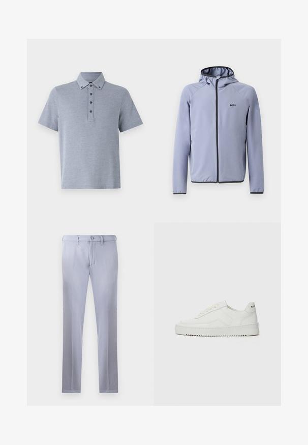 Világoskék, kapucnis, cipzáras dzseki sima anyagból. Fekete díszítéssel a cipzárnál és a szegélynél, mivel a mellekén logó található.; Világosszürke, rövid ujjú pólóing, gombos nyakkal, galléros kivitelben, puha, texturált anyagú felülettel.; Világosszürke, sima anyagból készült, szabott nadrág, gombos záródással, övhunokkal és egyenes szárú kialakítással. Zsebek nem láthatók.; Fehér bőr sportcipő sima felülettel, kerek orral, lapos fűzőkkel és texturált talppal. Finom logó található a sarokon.