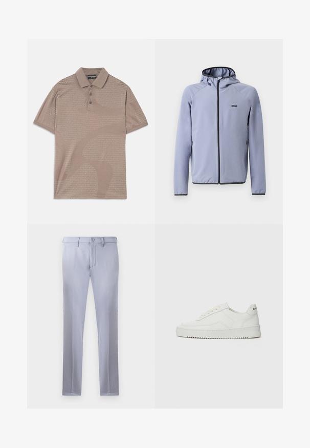 Világoskék, kapucnis, cipzáras dzseki sima anyagból. Fekete díszítéssel a cipzárnál és a szegélynél, mivel a mellekén logó található.; Barna póló ing, finom textúrával, három gombos pánttal és galléros kialakítással, amelyen a márkaneve ismétlődő stílusban szerepel.; Világosszürke, sima anyagból készült, szabott nadrág, gombos záródással, övhunokkal és egyenes szárú kialakítással. Zsebek nem láthatók.; Fehér bőr sportcipő sima felülettel, kerek orral, lapos fűzőkkel és texturált talppal. Finom logó található a sarokon.