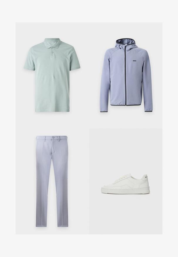 Svetlomodrá zipsová bunda s kapucňou, vyrobená z hladkej tkaniny. Obsahuje čierne akcenty pozdĺž zipsu a lemu, s logom na hrudi.; Svetlozelená polo košeľa vyrobená z bavlny. Má klasický golier, placket na tri gombíky, krátke rukávy a malú vyšitú nášivku na hrudi.; Svetlošedé nohavice na mieru vyrobené z hladkej tkaniny, so zapínaním na gombík, pútkami na opasok a strihom s rovnými nohavicami. Žiadne viditeľné vrecká.; Biele kožené tenisky s hladkým povrchom, okrúly špičkový dizajn, ploché šnúrky a textúrovaná podrážka. Obsahujú jemné logo na päte.