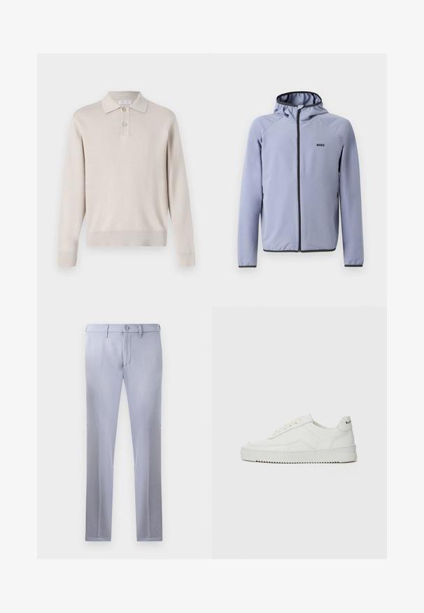 Šviesiai mėlynas džemperis su užtrauktuku ir kapišonu, pagamintas iš lygios medžiagos. Jame yra juodos detalės palei užtrauktuką ir apykaklę, o krūtinėje yra logotipas.; Šviesiai smėlinis ilgomis rankovėmis polo marškinėliai, pagaminti iš minkštos medžiagos. Turi apykaklę, trijų mygtukų užsegimą, bei sugriebtas rankovių ir apačios kraštus.; Šviesiai pilkos pritaikytos kelnės, pagamintos iš lygios medžiagos, su mygtuko uždarymu, diržo kilpomis ir tiesiomis kojomis. Kišenių nematyti.; Balti odiniai sportiniai bateliai su lygia apdaila, apvaliu pirštu, plokščiais raišteliais ir tekstūruotu padu. Pasižymi subtiliu logotipu ant kulno.