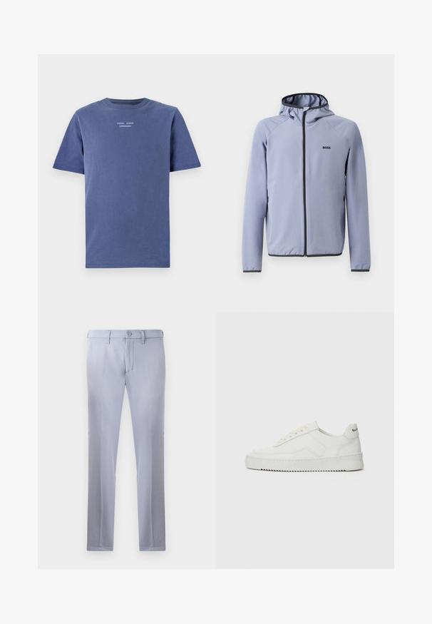 Gaiši zila zipa jaku ar kapuci, izgatavota no gluda auduma. Ar melniem akcentiem gar rāvējslēdzi un apakšmalu, ar logo uz krūšu.; Navy zils T-krekls ar īsām piedurknēm, izgatavots no kokvilnas. Tam ir apaļš kakla izgriezums un neliels balts teksts uz krūšu daļas: "SAMSØE SAMSØE Kopenhāgena."; Gai pelēki pielāgoti bikses, izgatavotas no gludas auduma, ar pogu aizdari, jostas cilpām un taisnu kāju dizainu. Kabatas nav redzamas.; Baltas ādas sneakers ar gludu virsmu, apaļu pirkstu daļu, plakaniem šņorēm un teksturētu zoli. Satur diskrētu logotipu uz papēža.