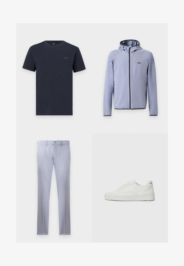 Svetlo modra jakna na zadrgo s kapuco, izdelana iz gladkega materiala. Ima črne detajle ob zadrgi in robu, ter logotip na prsih.; Mornarsko modra bombažna majica s krožnim izrezom, kratkimi rokavi in majhnim blagovnim logotipom v sivi barvi na levem prsnem delu. Gladka tekstura.; Svetlo sivi krojeni hlače iz gladkega materiala, z gumbom za zapiranje, zankami za pas in ravno obliko nogavic. Brez vidnih žepov.; Bela usnjena športna obutev z gladko površino, okroglo prst, ravne vezalke in teksturiran podplat. Ima diskretno logo na peti.