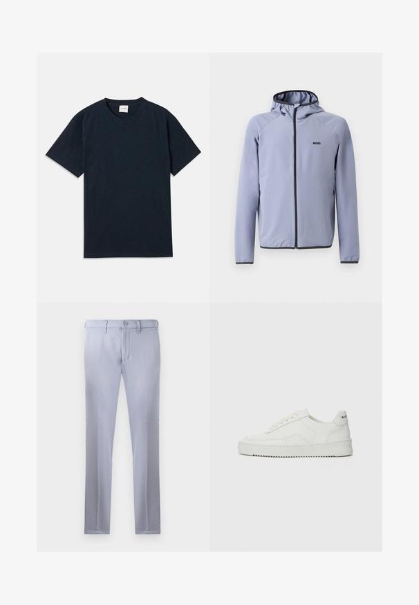 Jasnoniebieska kurtka zasuwana na zamek błyskawiczny z kapturem, wykonana z gładkiego materiału. Posiada czarne akcenty wzdłuż zamka i u dołu, z logo na klatce piersiowej.; Gładka, ciemnoniebieska koszulka z krótkim rękawem, z okrągłym dekoltem, z małym wytłoczonym logo blisko dolnego szwu.; Jasnoszare spodnie o dopasowanym kroju wykonane z gładkiego materiału, z zapięciem na guzik, szlufkami na pasek oraz prostymi nogawkami. Brak widocznych kieszeni.; Białe skórzane sneakersy o gładkim wykończeniu, okrągłym nosku, płaskich sznurówkach i teksturowanej podeszwie. Charakteryzują się delikatnym logo na pięcie.