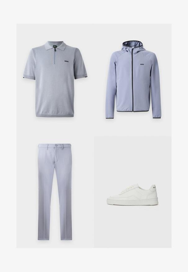 Világoskék, kapucnis, cipzáras dzseki sima anyagból. Fekete díszítéssel a cipzárnál és a szegélynél, mivel a mellekén logó található.; Világoskék, rövid ujjú galléros póló, puha kötött anyagból készült. Cipzáras gallérral és fekete hímzett logóval rendelkezik a mellkasán.; Világosszürke, sima anyagból készült, szabott nadrág, gombos záródással, övhunokkal és egyenes szárú kialakítással. Zsebek nem láthatók.; Fehér bőr sportcipő sima felülettel, kerek orral, lapos fűzőkkel és texturált talppal. Finom logó található a sarokon.