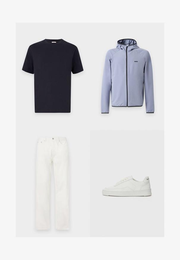 Lys blå hettejakke med glidelås, laget av glatt stoff. Har svarte detaljer langs glidelåsen og kanten, med en logo på brystet.; Marineblå bomull T-skjorte med rund hals, korte ermer og avslappet passform; glatt tekstur; ingen synlige mønstre eller detaljer.; Hvite denimjeans med rette ben, knapp- og glidelås-lukking, fem-lommers design og uten synlige mønstre eller detaljer.; Hvite lærersneakers med en jevn overflate, rund tå, flate lisser og en teksturert såle. Har en subtil logo på hælen.