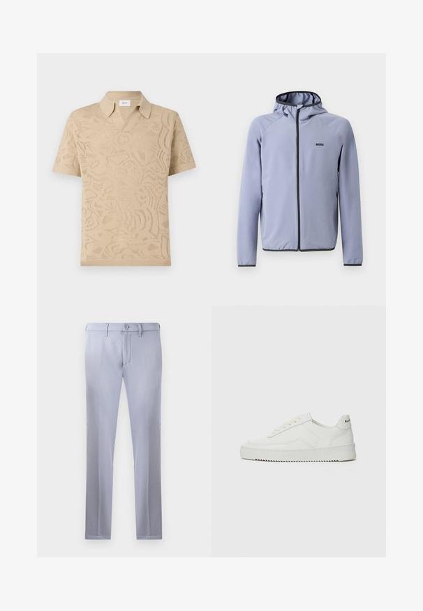 Light blue zip-up jacket with a hood, made of smooth fabric. Features black accents along the zipper and hem, with a logo on the chest.; NN.07 RYAN - Print T-shirt - sand; Light gray tailored trousers made of smooth fabric, featuring a button closure, belt loops, and straight-leg design. No pockets visible.; White leather sneaker with a smooth finish, round toe, flat laces, and a textured sole. Features a subtle logo on the heel.