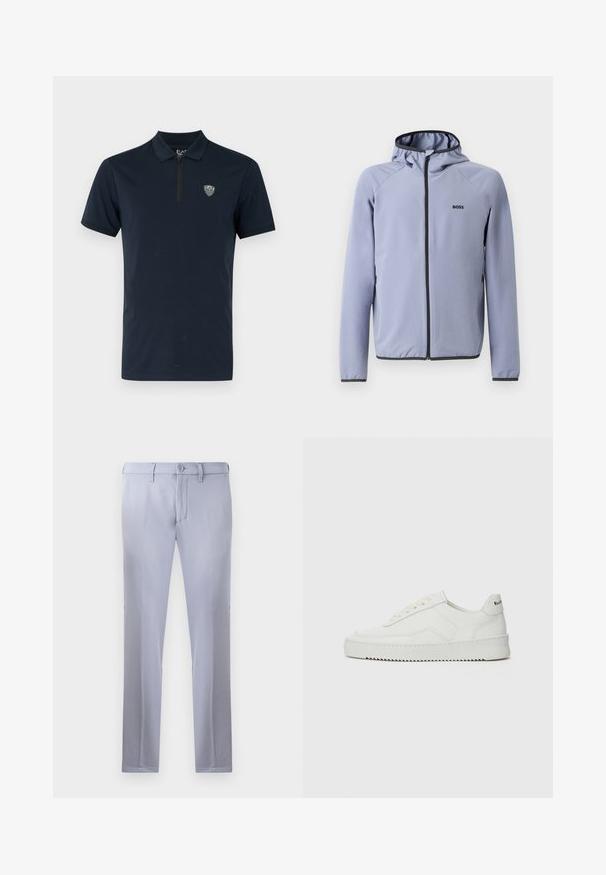 Svetlo modra jakna na zadrgo s kapuco, izdelana iz gladkega materiala. Ima črne detajle ob zadrgi in robu, ter logotip na prsih.; Mornarica polo majica s kratkimi rokavi, zadrgo pri ovratniku in majhnim vezenim logotipom na prsih. Gladek, lahek material.; Svetlo sivi krojeni hlače iz gladkega materiala, z gumbom za zapiranje, zankami za pas in ravno obliko nogavic. Brez vidnih žepov.; Bela usnjena športna obutev z gladko površino, okroglo prst, ravne vezalke in teksturiran podplat. Ima diskretno logo na peti.