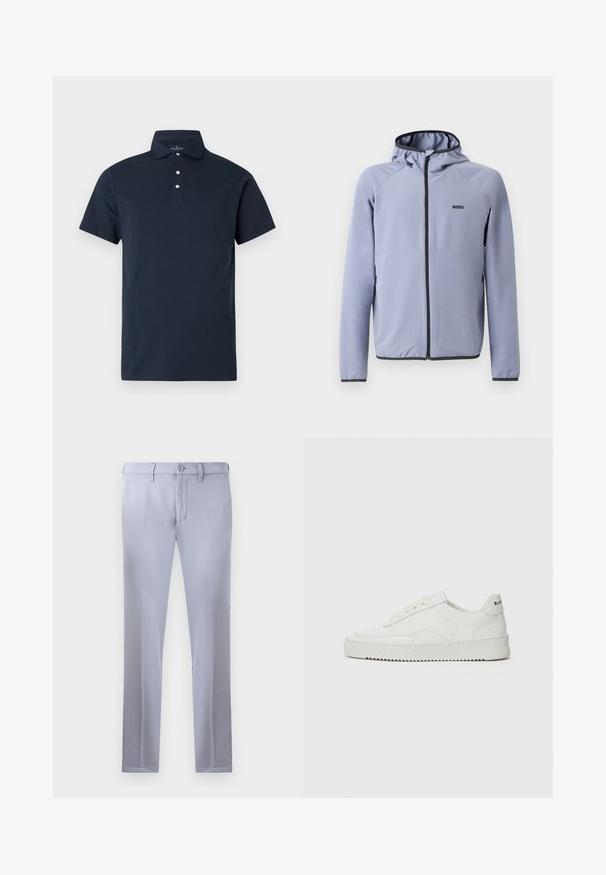 Světlomodrá bunda na zip s kapucí, vyrobená z hladké tkaniny. Obsahuje černé detaily podél zipu a lemu, s logem na hrudi.; Tmavě modrá polokošile z hladké bavlněné směsi. Krátké rukávy, tříknopový dílek na knoflíky, bez viditelných vzorů nebo log.; Světle šedé kalhoty na míru vyrobené z hladké tkaniny, s knoflíkovým zapínáním, poutky na opasek a rovnou nohavicí. Žádné viditelné kapsy.; Bílé kožené tenisky s hladkým povrchem, kulatou špičkou, plochými tkaničkami a texturovanou podrážkou. Na patě se nachází nenápadné logo.