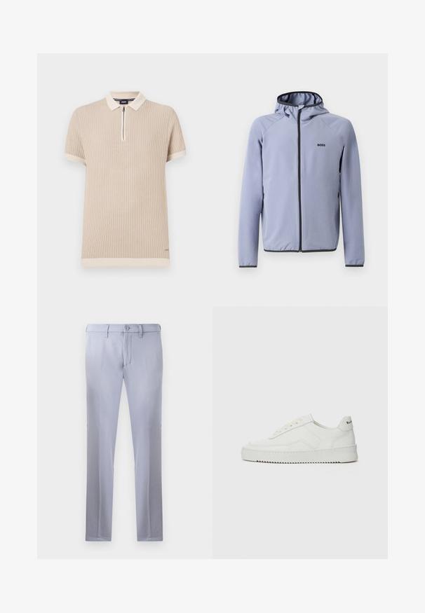 Hellblaues Zip-Jackett mit Kapuze, aus glattem Stoff gefertigt. Es verfügt über schwarze Akzente entlang des Reißverschlusses und des Saums, mit einem Logo auf der Brust.; Beige Polohemd mit kurzen Ärmeln, das über eine gerippte Struktur, einen Reißverschlusskragen und kontrastierende Besätze an Ärmeln und Saum verfügt. Dezentes Logo-Detail.; Helle graue, maßgeschneiderte Hose aus glattem Stoff, mit Knopfverschluss, Gürtelschlaufen und geradem Bein. Keine sichtbaren Taschen.; Weiße Ledersneaker mit glatter Oberfläche, runder Zehenpartie, flachen Schnürsenkeln und strukturiertem Sohlenprofil. Mit einem dezenten Logo an der Ferse.