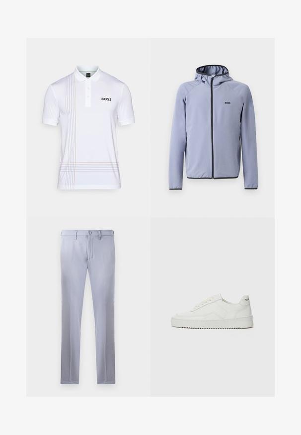 Világoskék, kapucnis, cipzáras dzseki sima anyagból. Fekete díszítéssel a cipzárnál és a szegélynél, mivel a mellekén logó található.; Fehér póló, sima anyagból készült, három gombos gallérral, dekoratív narancssárga és szürke csíkokkal a bal oldalon, valamint logós márkajelzéssel.; Világosszürke, sima anyagból készült, szabott nadrág, gombos záródással, övhunokkal és egyenes szárú kialakítással. Zsebek nem láthatók.; Fehér bőr sportcipő sima felülettel, kerek orral, lapos fűzőkkel és texturált talppal. Finom logó található a sarokon.