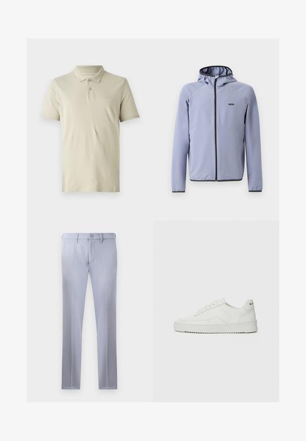 Svetlomodrá zipsová bunda s kapucňou, vyrobená z hladkej tkaniny. Obsahuje čierne akcenty pozdĺž zipsu a lemu, s logom na hrudi.; Béžová polo košeľa vyrobená z bavlny, s trojbodovou légou, krátkymi rukávmi a diskrétnym logom na hrudi. Hladká textúra.; Svetlošedé nohavice na mieru vyrobené z hladkej tkaniny, so zapínaním na gombík, pútkami na opasok a strihom s rovnými nohavicami. Žiadne viditeľné vrecká.; Biele kožené tenisky s hladkým povrchom, okrúly špičkový dizajn, ploché šnúrky a textúrovaná podrážka. Obsahujú jemné logo na päte.