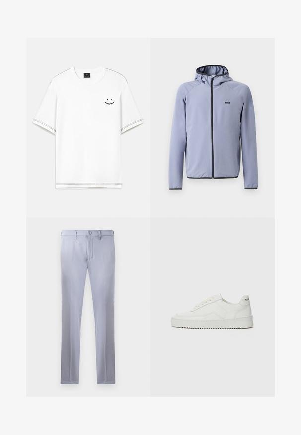 Ανοιχτό μπλε φούτερ με φερμουάρ και κουκούλα, φτιαγμένο από λείο ύφασμα. Διαθέτει μαύρες λεπτομέρειες κατά μήκος του φερμουάρ και του στριφώματος, με λογότυπο στο στήθος.; Λευκό T-shirt με κοντά μανίκια, διαθέτει μαύρες ραφές και μια μικρή εκτυπωμένη λεπτομέρεια στο στήθος.; Απαλές γκρίζες εξατομικευμένες παντελόνες από λείο ύφασμα, με κλείσιμο από κουμπί, θηλιές για ζώνη και ίσια γραμμή. Χωρίς ορατές τσέπες.; Λευκό δερμάτινο sneakers με λείο φινίρισμα, στρογγυλή μύτη, επίπεδα κορδόνια και υφή στην σόλα. Φέρει μια διακριτική λογότυπο στη φτέρνα.