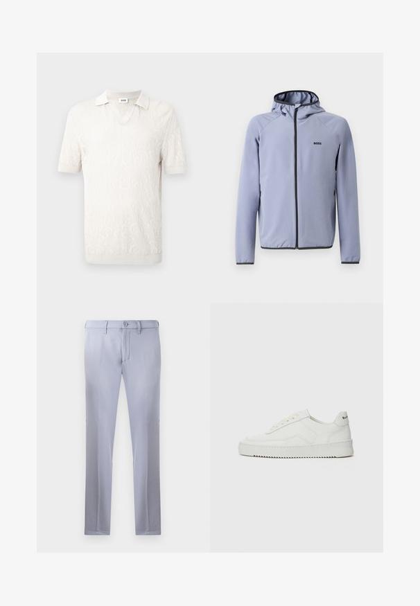 Ανοιχτό μπλε φούτερ με φερμουάρ και κουκούλα, φτιαγμένο από λείο ύφασμα. Διαθέτει μαύρες λεπτομέρειες κατά μήκος του φερμουάρ και του στριφώματος, με λογότυπο στο στήθος.; Πόλο μπλούζα κοντό μανίκι σε εκρού, με υφή και μοτίβο, V-λαιμόκοψη και αντίθετο γιακά.; Απαλές γκρίζες εξατομικευμένες παντελόνες από λείο ύφασμα, με κλείσιμο από κουμπί, θηλιές για ζώνη και ίσια γραμμή. Χωρίς ορατές τσέπες.; Λευκό δερμάτινο sneakers με λείο φινίρισμα, στρογγυλή μύτη, επίπεδα κορδόνια και υφή στην σόλα. Φέρει μια διακριτική λογότυπο στη φτέρνα.