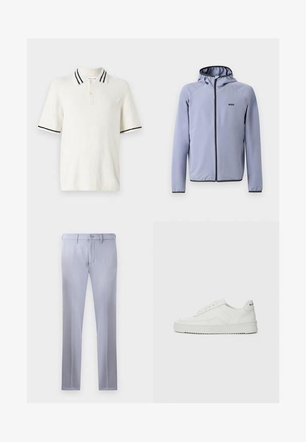 Lichtblauwe zip-up jack met capuchon, gemaakt van een gladde stof. Bevat zwarte accenten langs de rits en onderrand, met een logo op de borst.; Polo met korte mouwen in off-white met een gestructureerde stof, voorzien van een gebreide kraag met twee zwarte strepen en een knoopsluiting met drie knopen.; Lichtgrijze op maat gemaakte broeken van gladde stof, met een knoopsluiting, riemlussen en een rechte pijp. Geen zichtbare zakken.; Witte leren sneaker met een gladde afwerking, ronde neus, platte veters en een gestructureerde zool. Kenmerkt zich door een subtiel logo op de hiel.