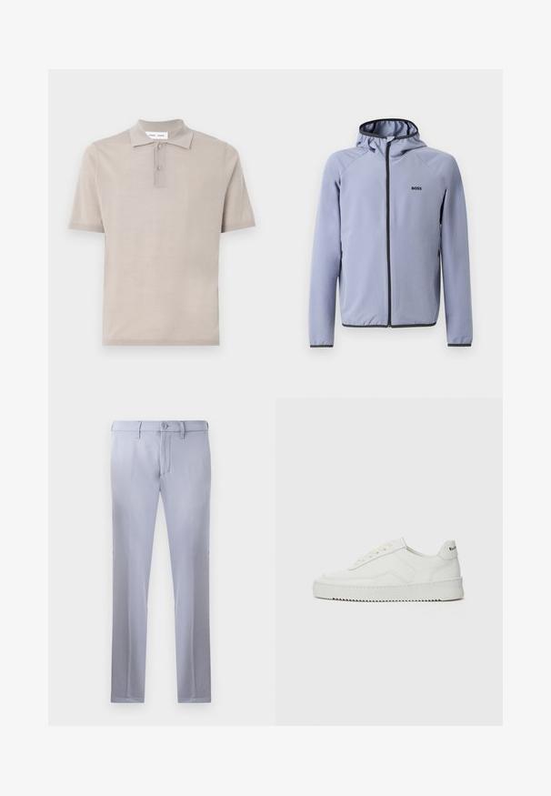 Hea sinine kapuutsiga müts, valmistatud siledast kangast. Mustad aktsendid on näha tõmbluku ja äärte juures, rinnal on logo.; Lühikeste varrukatega polo särk heledast beežist puuvillast, klassikalise kraega, kahekohaline nööbistamine ja sujuv, tekstureeritud viimistlus.; Heledad hallhalli püksid, mis on valmistatud siledast kangast, nuppude sulgemisega, vööde jaoks aasadega ja sirgete jalgadega disainiga. Kotid pole nähtavad.; Valge nahast tennis, millel on sile põhi, ümar varvas, lamedad nöörid ja tekstuuriline tall. Sisaldab diskreetset logo kontsaribal.