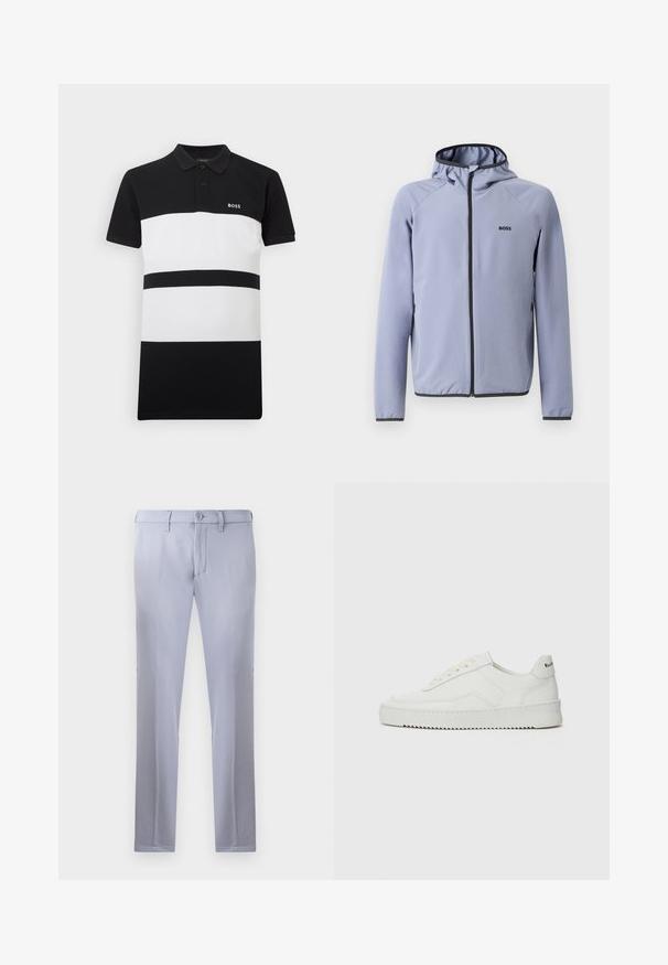 Jasnoniebieska kurtka zasuwana na zamek błyskawiczny z kapturem, wykonana z gładkiego materiału. Posiada czarne akcenty wzdłuż zamka i u dołu, z logo na klatce piersiowej.; Czarna i biała pikowana koszulka polo z kołnierzykiem, z dwiema dużymi poziomymi paskami i małym haftowanym logo na piersi.; Jasnoszare spodnie o dopasowanym kroju wykonane z gładkiego materiału, z zapięciem na guzik, szlufkami na pasek oraz prostymi nogawkami. Brak widocznych kieszeni.; Białe skórzane sneakersy o gładkim wykończeniu, okrągłym nosku, płaskich sznurówkach i teksturowanej podeszwie. Charakteryzują się delikatnym logo na pięcie.