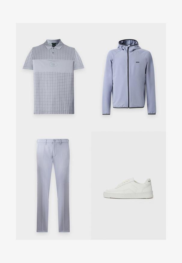 Svetlomodrá zipsová bunda s kapucňou, vyrobená z hladkej tkaniny. Obsahuje čierne akcenty pozdĺž zipsu a lemu, s logom na hrudi.; Svetlo šedé polo tričko s mriežkovaným vzorom, so zapínaním na dva gombíky a so slnečným logom. Vyrobené z hladkej a priedušnej tkaniny.; Svetlošedé nohavice na mieru vyrobené z hladkej tkaniny, so zapínaním na gombík, pútkami na opasok a strihom s rovnými nohavicami. Žiadne viditeľné vrecká.; Biele kožené tenisky s hladkým povrchom, okrúly špičkový dizajn, ploché šnúrky a textúrovaná podrážka. Obsahujú jemné logo na päte.