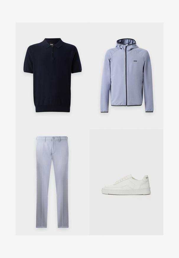 Light blue zip-up jacket with a hood, made of smooth fabric. Features black accents along the zipper and hem, with a logo on the chest.; Navy blue polo shirt made of knitted fabric with a short zip neckline, short sleeves, and a fitted hem. Features a subtle texture.; Light gray tailored trousers made of smooth fabric, featuring a button closure, belt loops, and straight-leg design. No pockets visible.; White leather sneaker with a smooth finish, round toe, flat laces, and a textured sole. Features a subtle logo on the heel.