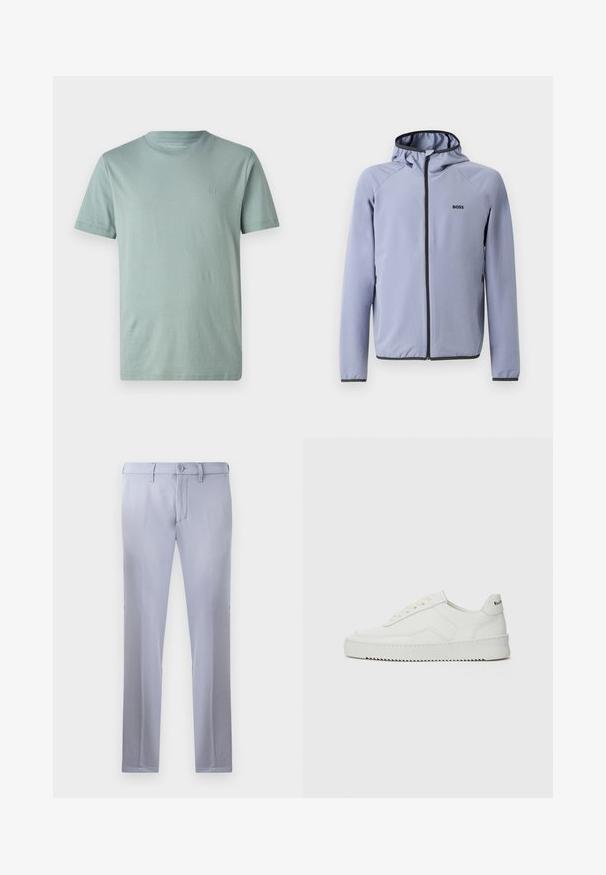 Svetlo modra jakna na zadrgo s kapuco, izdelana iz gladkega materiala. Ima črne detajle ob zadrgi in robu, ter logotip na prsih.; Svetlo zelen majica s kratkimi rokavi iz mehke tkanine, z okroglo ovratnikom in majhnim logotipom na prsih. Gladka tekstura, minimalističen dizajn.; Svetlo sivi krojeni hlače iz gladkega materiala, z gumbom za zapiranje, zankami za pas in ravno obliko nogavic. Brez vidnih žepov.; Bela usnjena športna obutev z gladko površino, okroglo prst, ravne vezalke in teksturiran podplat. Ima diskretno logo na peti.
