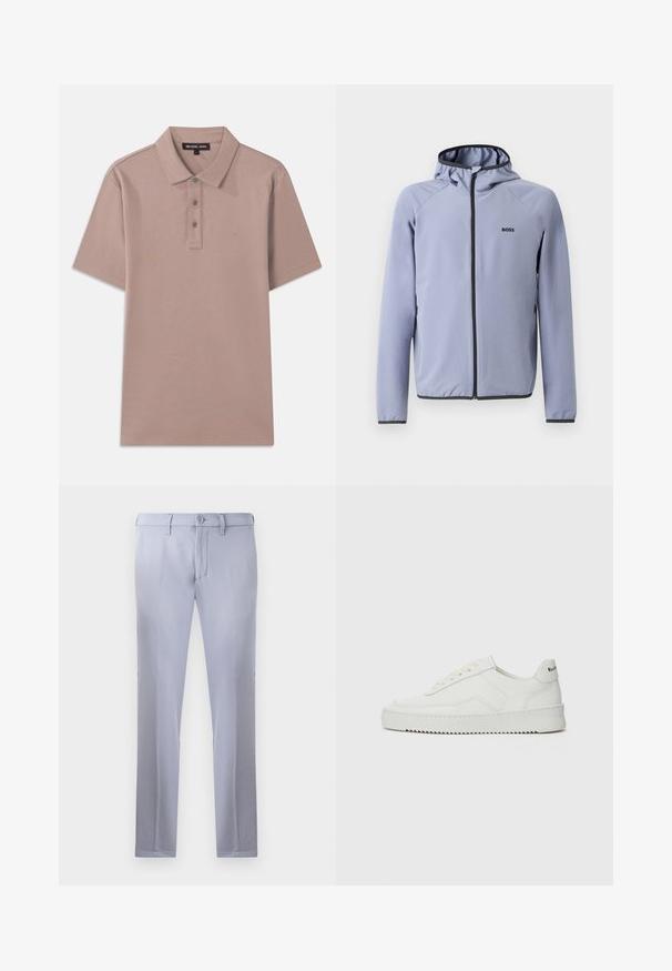 Lys blå zip-up jakke med hætte, lavet af glat stof. Har sorte detaljer langs lynlåsen og kanten, med et logo på brystet.; Polo skjorte i lys brun stof med korte ærmer, tre-knaps placket og broderet "MK" logo på brystet. Glat tekstur.; Lysegrå skræddersyede bukser lavet af glat stof, med knaplukning, bæltestropper og lige ben. Ingen synlige lommer.; Hvide lædersneakers med en glat overflade, rund tå, flade snørebånd og en tekstureret sål. Har et diskret logo på hælen.