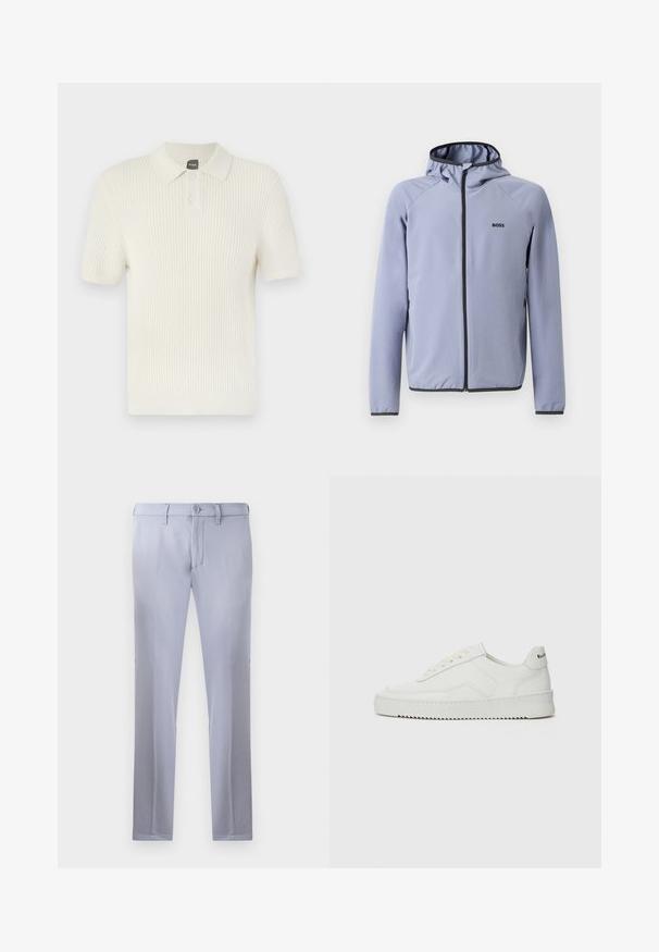 Hea sinine kapuutsiga müts, valmistatud siledast kangast. Mustad aktsendid on näha tõmbluku ja äärte juures, rinnal on logo.; BOSS AKOPPO - Polosärk - open yellow; Heledad hallhalli püksid, mis on valmistatud siledast kangast, nuppude sulgemisega, vööde jaoks aasadega ja sirgete jalgadega disainiga. Kotid pole nähtavad.; Valge nahast tennis, millel on sile põhi, ümar varvas, lamedad nöörid ja tekstuuriline tall. Sisaldab diskreetset logo kontsaribal.