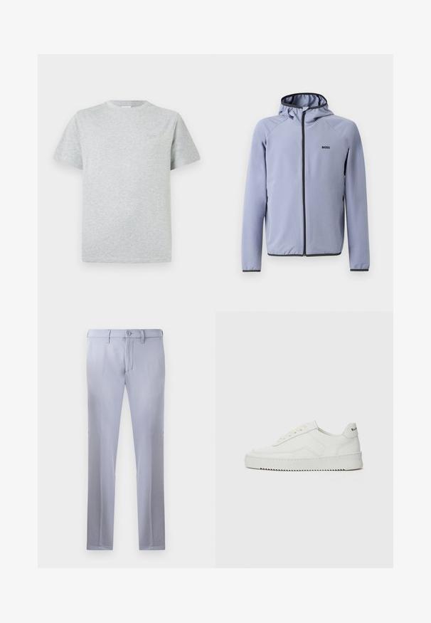 Ljusblå blixtlåströja med huva, gjord av slätt tyg. Har svarta detaljer längs blixtlåset och fållen, med en logotyp på bröstet.; Grå bomullströja med korta ärmar, rak passform och en subtil logotyp på bröstet. Mjuk textur med en enkel design.; Ljusgrå skräddarsydda byxor i slät tyg, med knäppning, bälteshällor och rak ben-design. Inga synliga fickor.; Vita lädersneakers med en jämn yta, rund tå, platta snörningar och en strukturerad sula. Har en diskret logotyp på hälen.