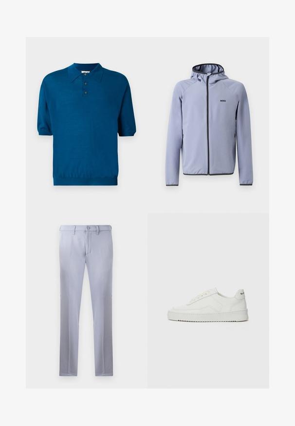Svetlomodrá zipsová bunda s kapucňou, vyrobená z hladkej tkaniny. Obsahuje čierne akcenty pozdĺž zipsu a lemu, s logom na hrudi.; Polo tričko s krátkym rukávom v hlbokej teal farbe, vyrobené z mäkkej tkaniny. Obsahuje golier, tri gombíky na zapínanie a elastický spodný lem pre pohodlné nosenie.; Svetlošedé nohavice na mieru vyrobené z hladkej tkaniny, so zapínaním na gombík, pútkami na opasok a strihom s rovnými nohavicami. Žiadne viditeľné vrecká.; Biele kožené tenisky s hladkým povrchom, okrúly špičkový dizajn, ploché šnúrky a textúrovaná podrážka. Obsahujú jemné logo na päte.