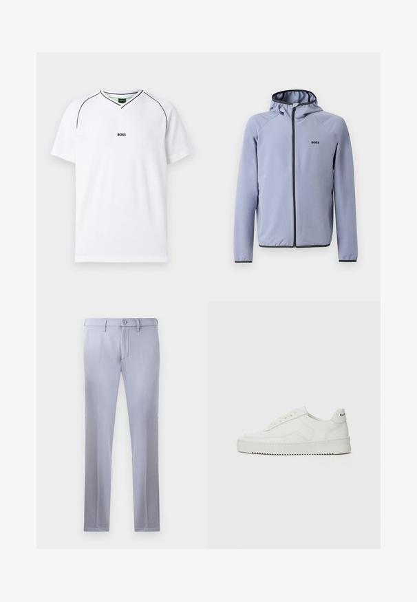 Světlomodrá bunda na zip s kapucí, vyrobená z hladké tkaniny. Obsahuje černé detaily podél zipu a lemu, s logem na hrudi.; Bílý sportovní tričko s výstřihem do V, krátkými rukávy, texturovanou síťovinou a černými akcenty na límci a logu na hrudi.; Světle šedé kalhoty na míru vyrobené z hladké tkaniny, s knoflíkovým zapínáním, poutky na opasek a rovnou nohavicí. Žádné viditelné kapsy.; Bílé kožené tenisky s hladkým povrchem, kulatou špičkou, plochými tkaničkami a texturovanou podrážkou. Na patě se nachází nenápadné logo.